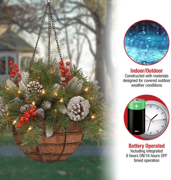 🎄Christmas Hanging Basket - Flocked with Mixed Decorations and White LED Lights - Frosted Berry