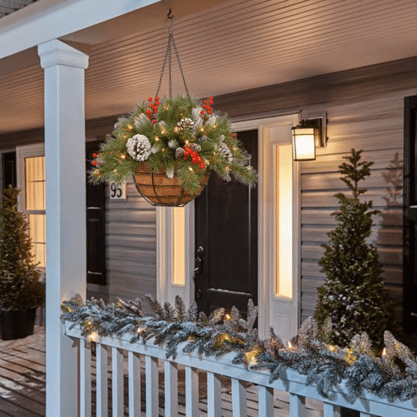 🎄Christmas Hanging Basket - Flocked with Mixed Decorations and White LED Lights - Frosted Berry