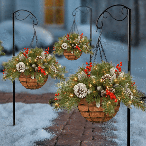 🎄Christmas Hanging Basket - Flocked with Mixed Decorations and White LED Lights - Frosted Berry