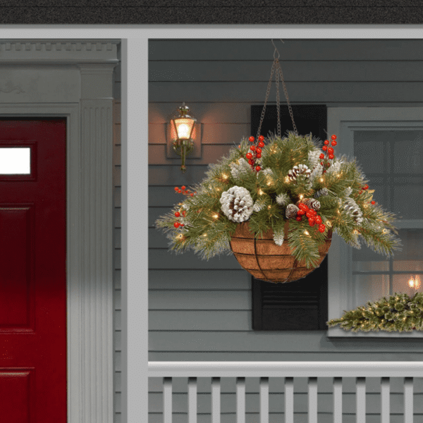 🎄Christmas Hanging Basket - Flocked with Mixed Decorations and White LED Lights - Frosted Berry