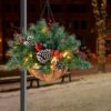 🎄Christmas Hanging Basket - Flocked with Mixed Decorations and White LED Lights - Frosted Berry